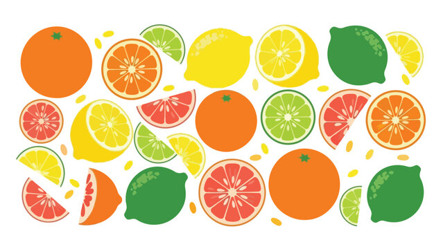 A vibrant collection of fresh zesty citrus fruits, lemons, limes, oranges and grapefruits depicted whole and in slices, forming a refreshing and