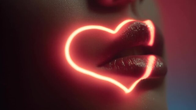 Sexy lips kissing in neon UV disco concept. A glowing heart outline frames the glossy lips, highlighting beauty and allure.