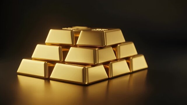 A pyramid stack of shiny gold bars on a dark, reflective surface, symbolizing wealth and investment.