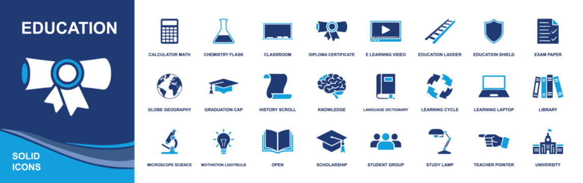 Education icon set. Containing classroom, diploma, e-learning, exam paper, calculator, chemistry flask, graduation cap, library, study lamp, scholarship and more. Solid icons collection
