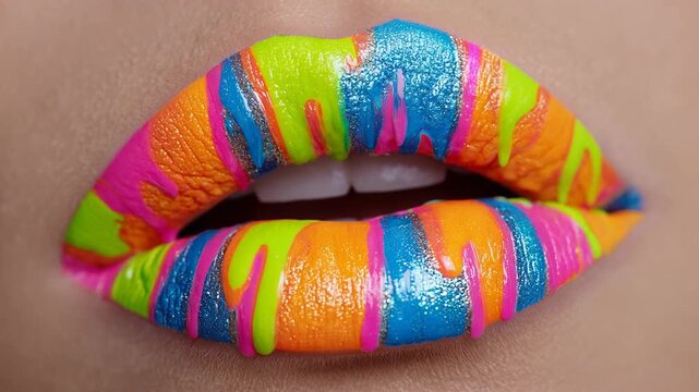 Sexy lips kissing in neon UV disco concept. Brightly colored lip art featuring vibrant patterns and glossy finish.