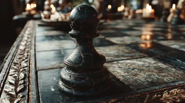 Close up of chess pawn on ornate chessboard with decorative elements