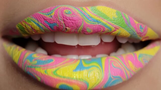 Sexy lips kissing in neon UV disco concept. Bright, colorful lips with a swirling pattern of pink, yellow, and blue.