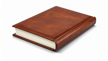 Obraz premium Closed brown leather hardcover book with marbled cover and thick cream pages angled on light surface