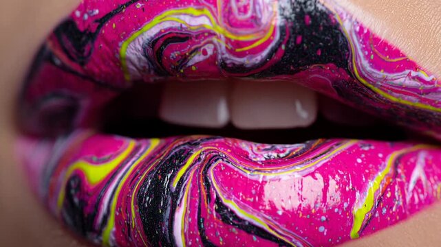 Sexy lips kissing in neon UV disco concept. Vibrant pink and black swirl patterns create an eye-catching visual effect.