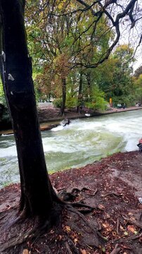 Wet suit surfers River Surfing morning Eisbachwelle Eisbach Isar River Munich Germany vertical tourist attraction street view Autumn Fall Englischer Garten standing water action sports stunts follow