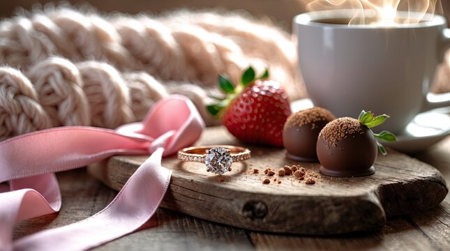 Romantic Rose Gold Engagement Ring with Chocolates, Strawberries, and Coffee Still Life