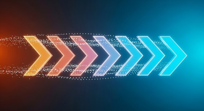 Abstract glowing arrow vibrant, abstract digital composition featuring a series of neon arrows transitioning from warm red and orange tones to cool blue hues. The arrows are surrounded by sparkling