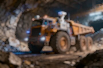 Fototapeta premium Blur Photos of miners and equipment in an underground mine. Mining truck with AI camera at underground mine