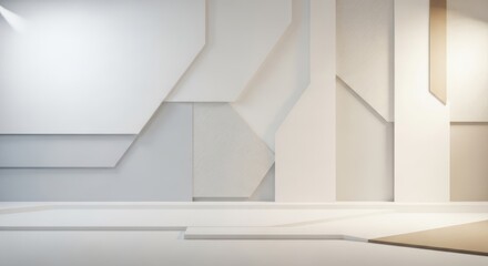 Obraz premium A modern, minimalist interior design featuring geometric wall panels and a sleek, white countertop.