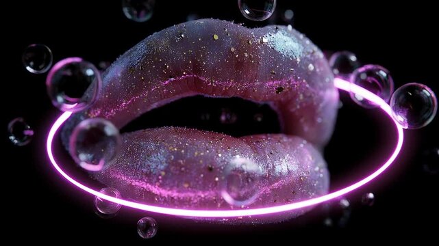 Sexy lips kissing in neon UV disco concept. Shimmering lips surrounded by bubbles and glowing neon light create a vibrant, captivating visual.