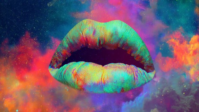 Sexy lips kissing in neon UV disco concept. Vibrant, psychedelic colors and cosmic background enhance the visual appeal.