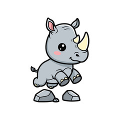 Cute cartoon gray rhinoceros with a pink cheek mark sitting on the ground with a smiling expression