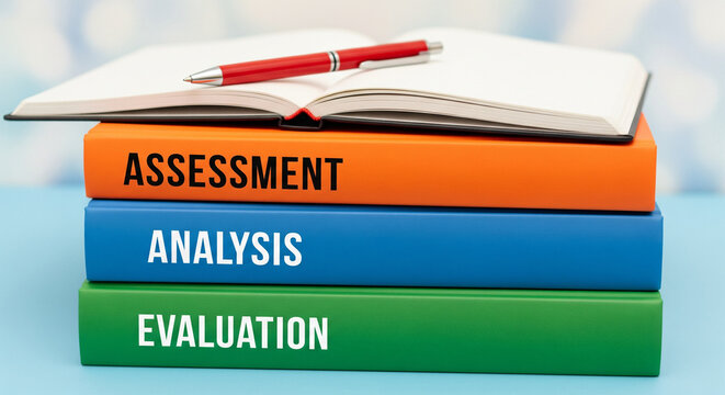 Stack of books labeled Assessment, Analysis, and Evaluation with an open notebook and pen