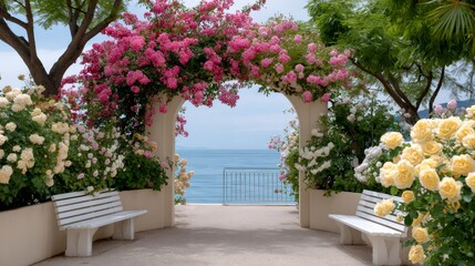 Rose archway overlooking the ocean with benches