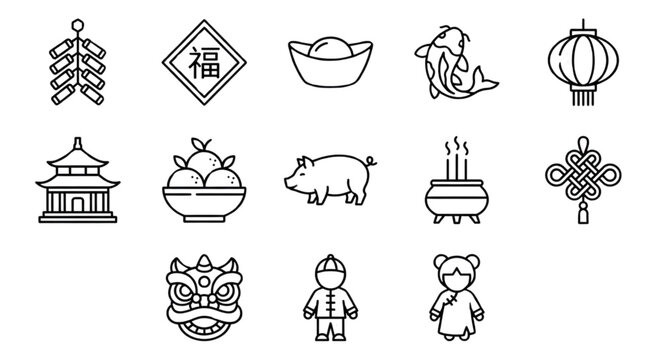 Chinese New Year icons set with traditional symbols