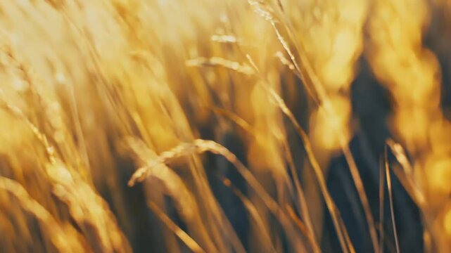 Golden wild grasses softly swaying in a sunlit meadow, capturing the essence of nature's tranquility and the warm glow of the setting or rising sun on a peaceful day