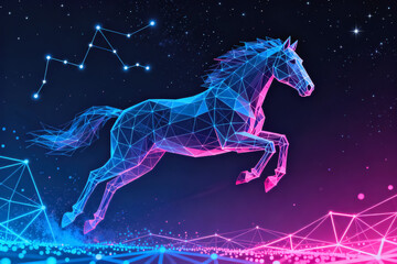 Abstract Neon Horse with Constellation Background