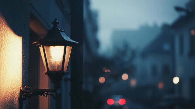 Old fashioned street lamp casts warm glow on textured building wall at twilight, with blurred street, distant bokeh lights and a cozy, calm evening atmosphere
