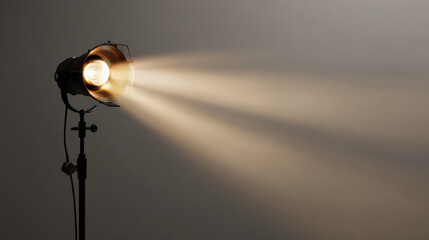 Spotlight studio lamp casting warm beam across empty gray wall, dramatic focused lighting and soft shadow atmosphere
