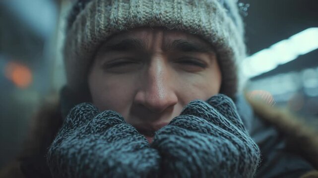 Close-up of a person bundled in winter clothing with vapor and cold weather effects, showing a contemplative in a snowy urban environment
