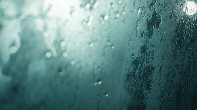 Wet glass creating a blurry textured background with condensed water drops and steam, offering a cool, refreshing, and calming atmosphere for abstract natural designs