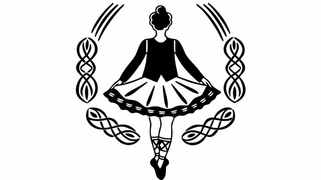 A traditional Scottish dancer performing a lively Highland fling dance surrounded by intricate Celtic knotwork designs