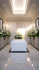 Fototapeta premium A pristine white coffin rests on a pedestal in a bright, elegant hall flanked by lush floral arrangements serene