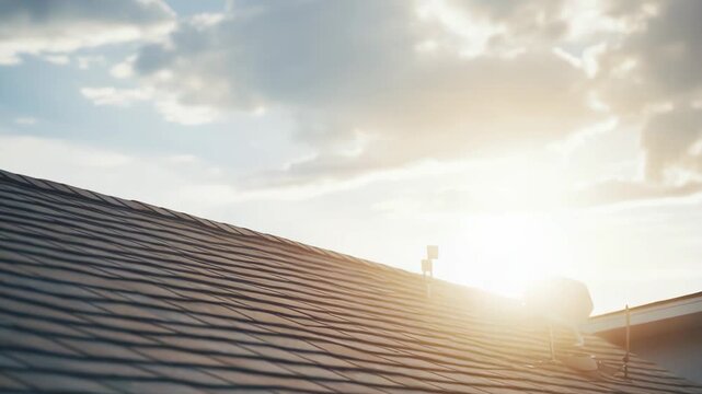 House roof with dark asphalt shingles and a copper gutter under a partly cloudy sky, featuring warm sun rays and a lens flare creating a serene and inviting atmosphere