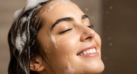 Naklejka premium Close up of beautiful young woman washing her hair with shampoo foam in the shower