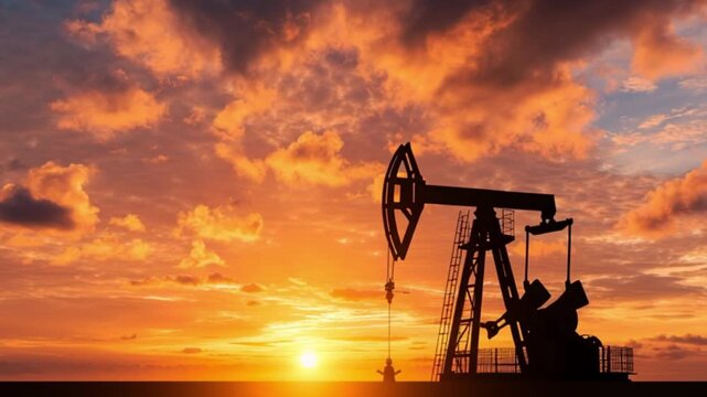 Oil pump jack silhouette at sunset sky with dramatic clouds, industrial landscape, energy production, nature, orange and yellow evening, peaceful atmosphere, outdoor scene