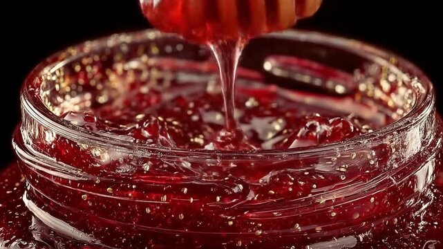 Close up of homemade berry jam with a wooden honey dipper