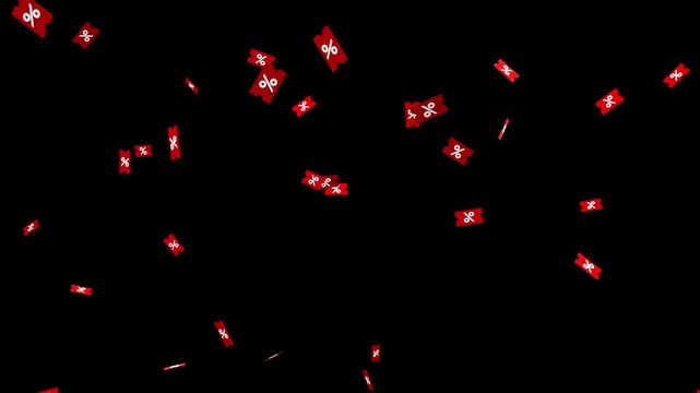 Red discount coupons with percentage symbols falling on alpha channel transparent background