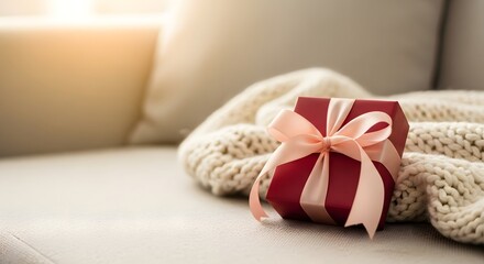A beautifully wrapped surprise gift box hiding on a cozy knitted blanket, symbolizing love and romantic celebration concept for special moments