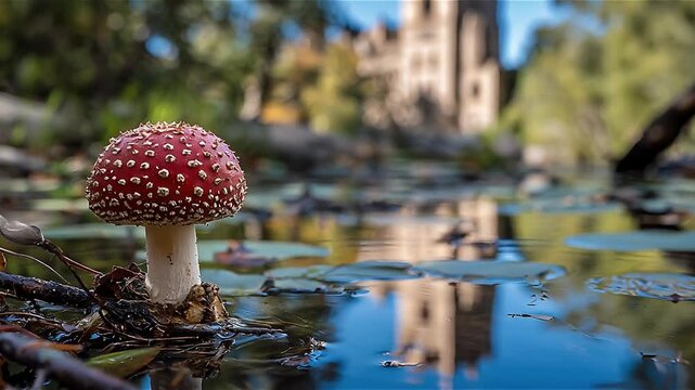 Giant amanita muscaria rise over monastery concept. A vivid red mushroom stands in a serene pond, reflecting surrounding nature. 
