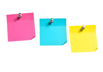 Three Colorful Sticky Notes with Pushpins Isolated on White or Transparent Background