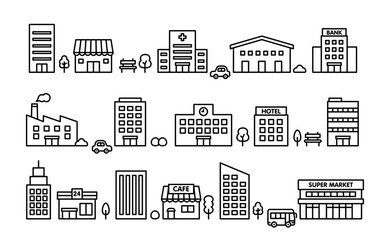 白黒の建物のアイコンセット　ベクター