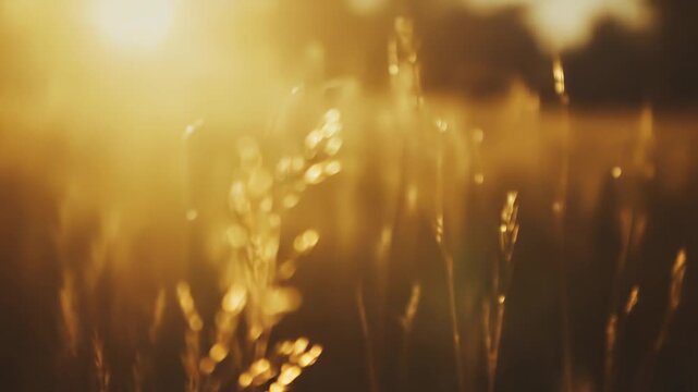 Wild grass gently catches golden hour sunlight, creating a warm, natural background and symbolizing growth, rural life, and peaceful summer evenings in the countryside