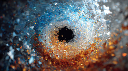 Fototapeta premium An artistic macro shot of a swirling vortex created from ice fragments. The center of the vortex is a dark hole, and the colors are a mix of blue, orange, and clear tones
