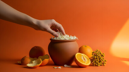 Hand scooping rice from a clay pot with oranges and a pineapple