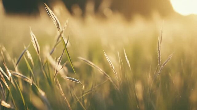 Close up view of native grass stalks and seed heads glowing against a blurred background, bathed in natural golden hour sunlight creating a serene and warm natural scene