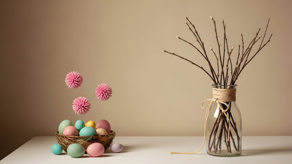 Easter still life with eggs and twigs