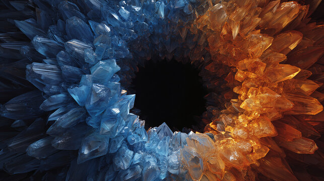 Abstract close-up view of crystalline formations with contrasting colors and textures. The crystals form a circular arrangement