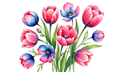 Vibrant tulips and blue flowers bouquet