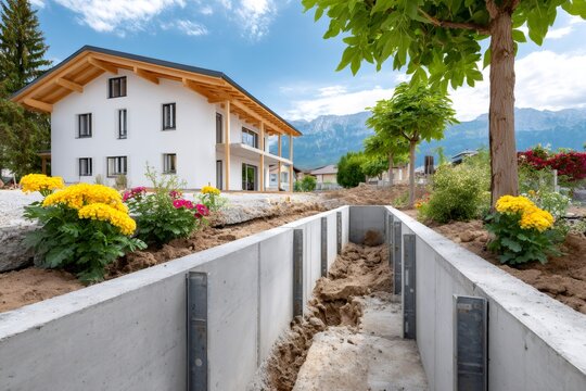 Modern house construction with concrete retaining wall and Alps backdrop
