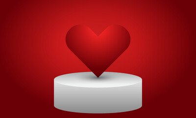 heart love shape 3d on silver gradient podium stage with soft red gradient abstract background