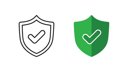 Two distinct graphic design styles presenting a secure verified shield icon one as a monochrome outline and the other as a filled green shape for digital assurance