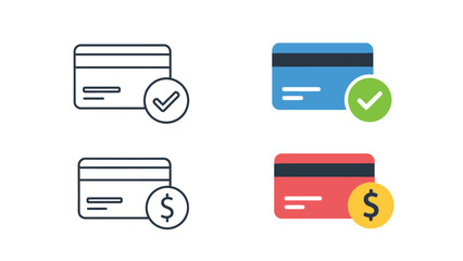 Collection of credit card icons illustrating payment approval success and transaction verification methods for digital finance concepts