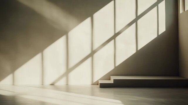 Empty minimalist room with warm natural sunlight casting geometric window shadows across neutral walls and floor, featuring a small riser podium for product display or presentation