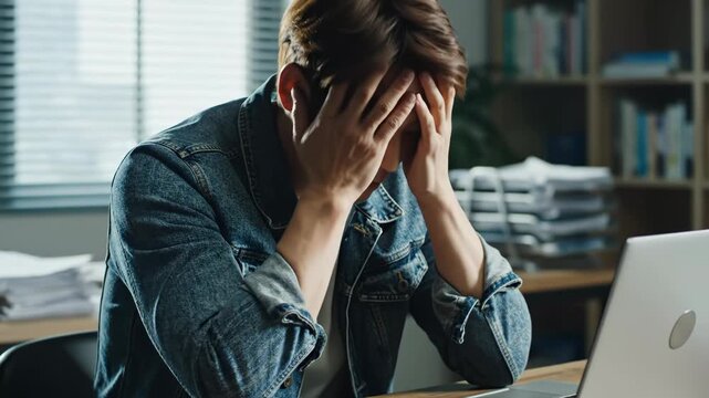 A man sitting at a desk in an office covering his face with his hands looking stressed and frustrated